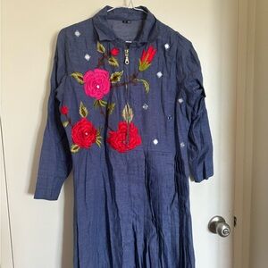 Women’s Blue Kurta Dress with Flowers Embroidery